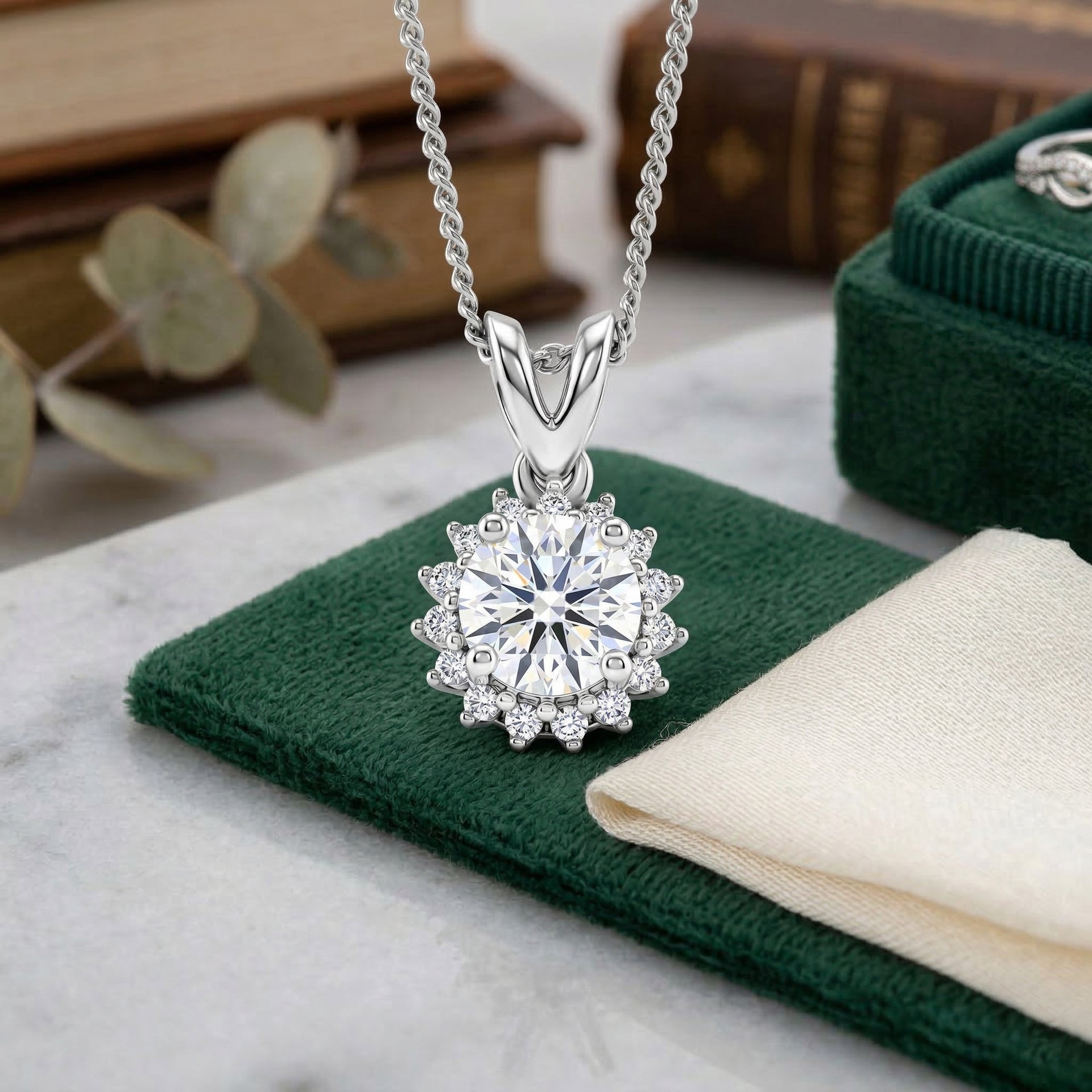 D'Joy - GRA Certified (D-VVS1) Moissanite Double Halo Hearts &amp; Arrows Cut Pendant with Chain (Size 18) in Rhodium Overlay Sterling Silver 1.20 Ct. V32533007 3