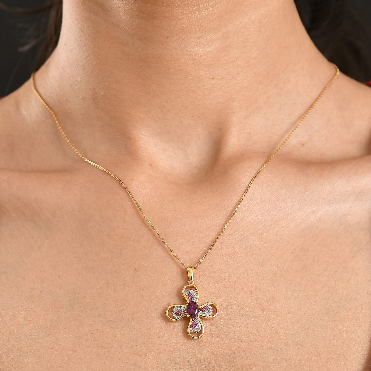 D'Joy Rhodolite Garnet &amp; White Zircon Pendant with Chain (Size 20)  in Yellow Gold Plated Sterling Silver 1.55 Ct. V32605323 3