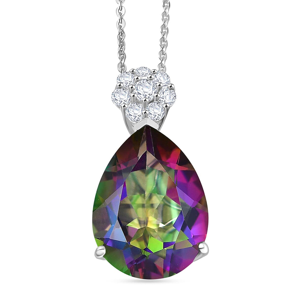 D'Joy Mystic Topaz & White Zircon Pear Cut Solitaire Pendant with Chain (Size 20) in Rhodium Overlay Sterling Silver 7.90 Ct._4459964