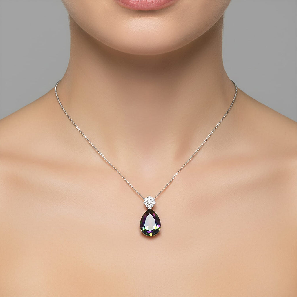 D'Joy Mystic Topaz & White Zircon Pear Cut Solitaire Pendant with Chain (Size 20) in Rhodium Overlay Sterling Silver 7.90 Ct._4459964_1