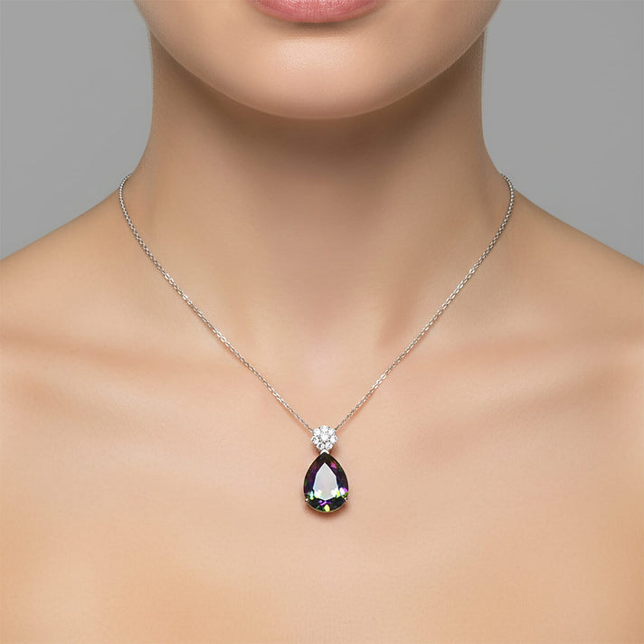 D'Joy Mystic Topaz, White Zircon Pear Cut Solitaire Pendant with Chain (Size 20) in Rhodium Overlay Sterling Silver 7.90 Ct. 4459964 2