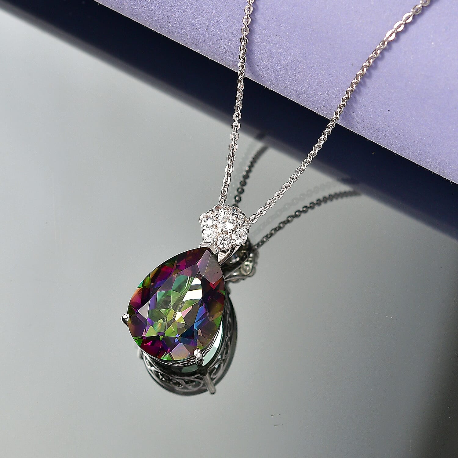 D'Joy Mystic Topaz, White Zircon Pear Cut Solitaire Pendant with Chain (Size 20) in Rhodium Overlay Sterling Silver 7.90 Ct. 4459964 3