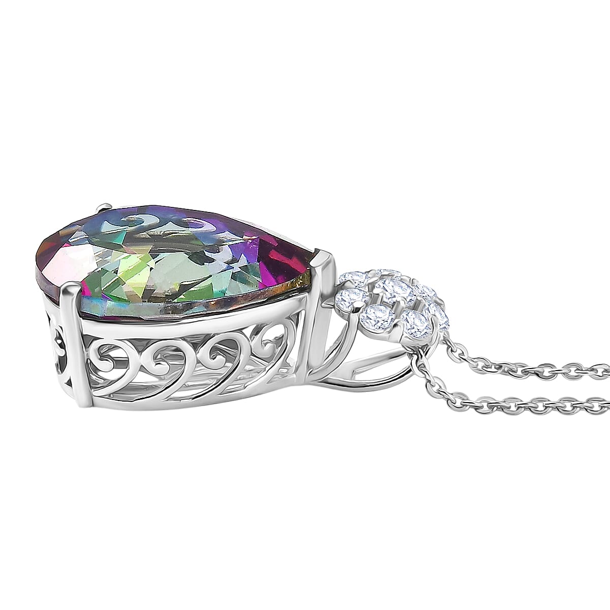 D'Joy Mystic Topaz, White Zircon Pear Cut Solitaire Pendant with Chain (Size 20) in Rhodium Overlay Sterling Silver 7.90 Ct. 4459964 4