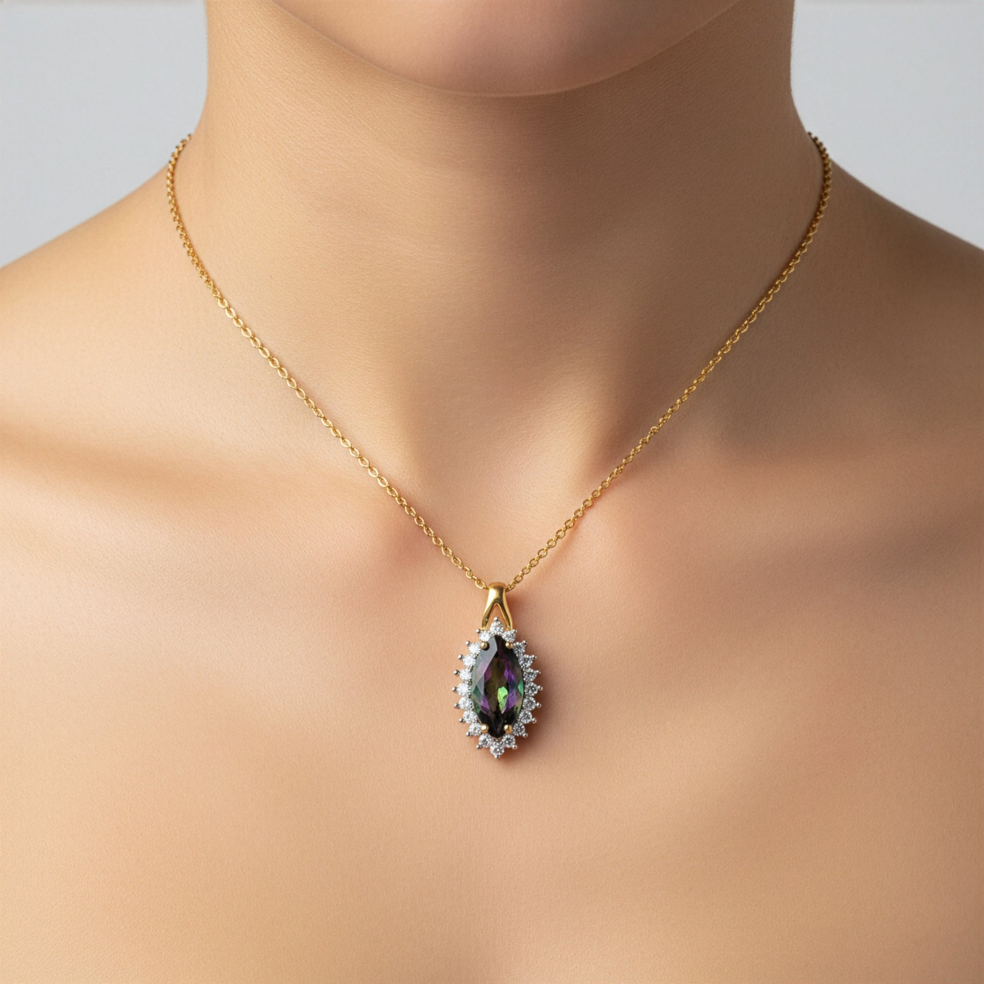 D'Joy Mystic Topaz, White Zircon Halo Pendant with Chain (Size 20) in Yellow Gold Plated Sterling Silver 2.45 Ct. V32528769 2