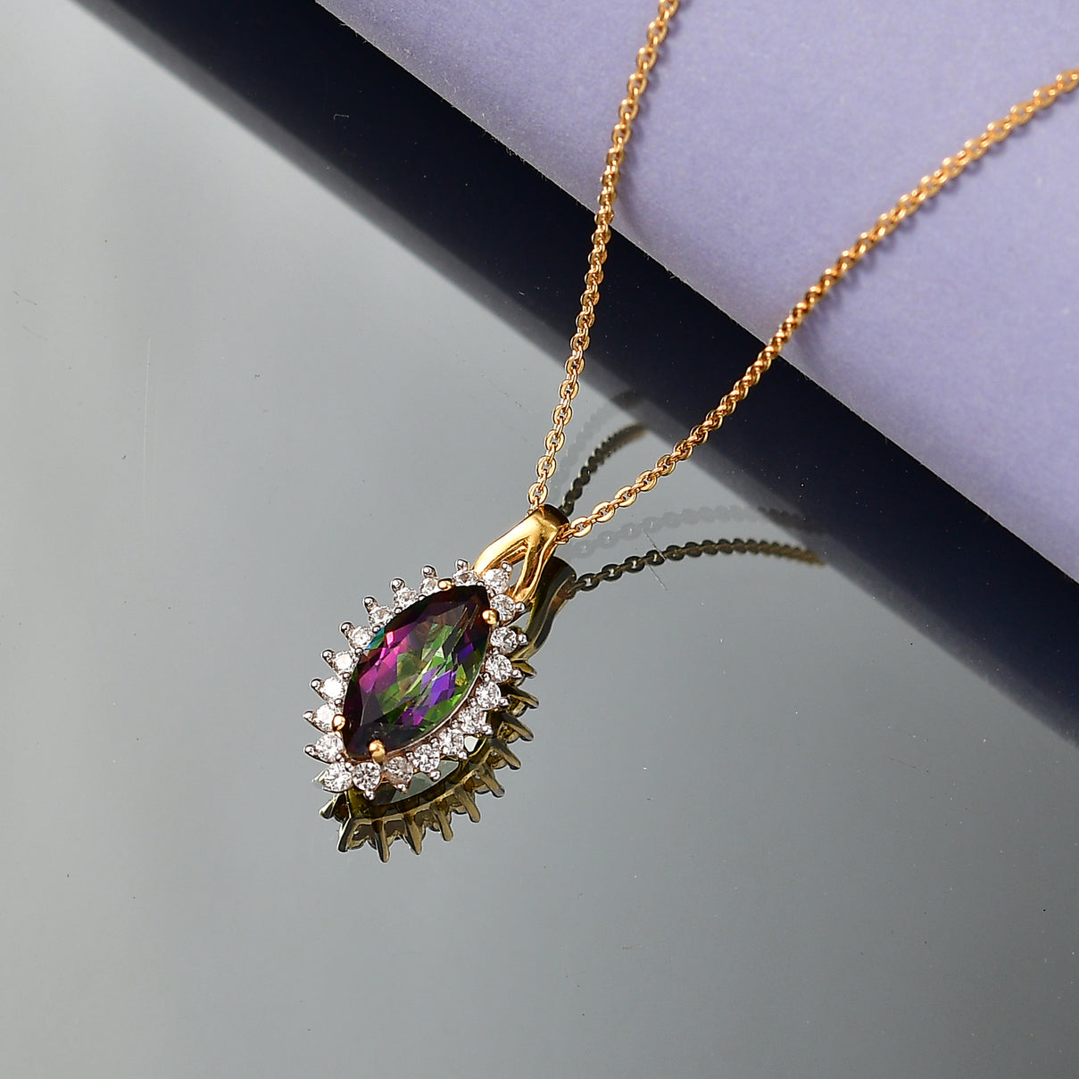 D'Joy Mystic Topaz, White Zircon Halo Pendant with Chain (Size 20) in Yellow Gold Plated Sterling Silver 2.45 Ct. V32528769 3