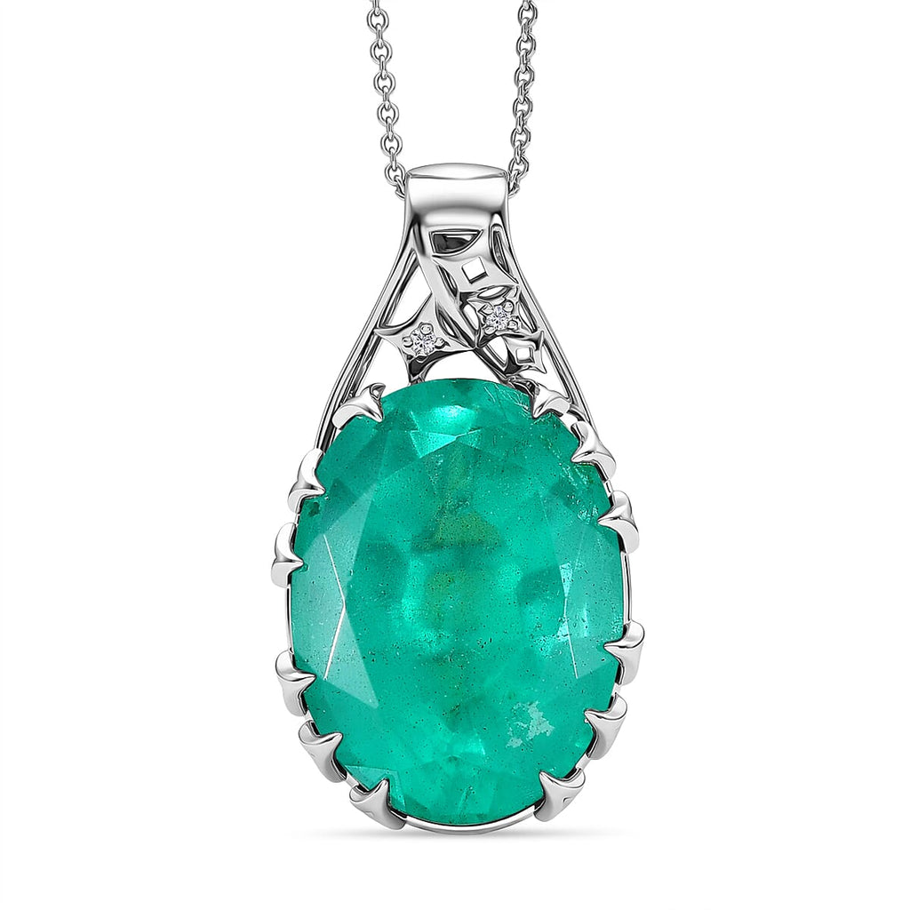 D'Joy Emeraldine Triplet Quartz & White Zircon Drop Pendant with Chain (Size 20) in Rhodium Overlay Sterling Silver 19.85 Ct._4460007