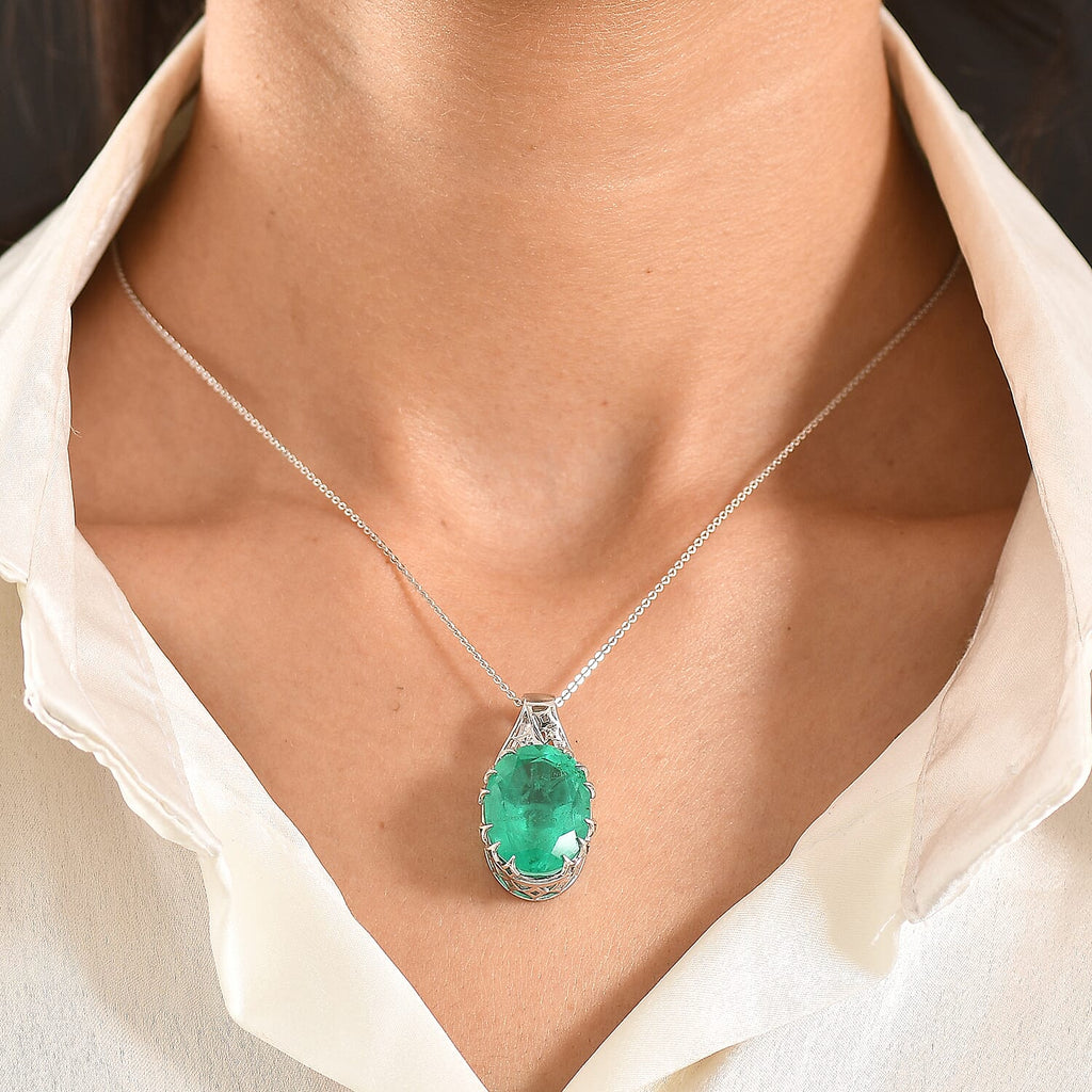 D'Joy Emeraldine Triplet Quartz & White Zircon Drop Pendant with Chain (Size 20) in Rhodium Overlay Sterling Silver 19.85 Ct._4460007_1