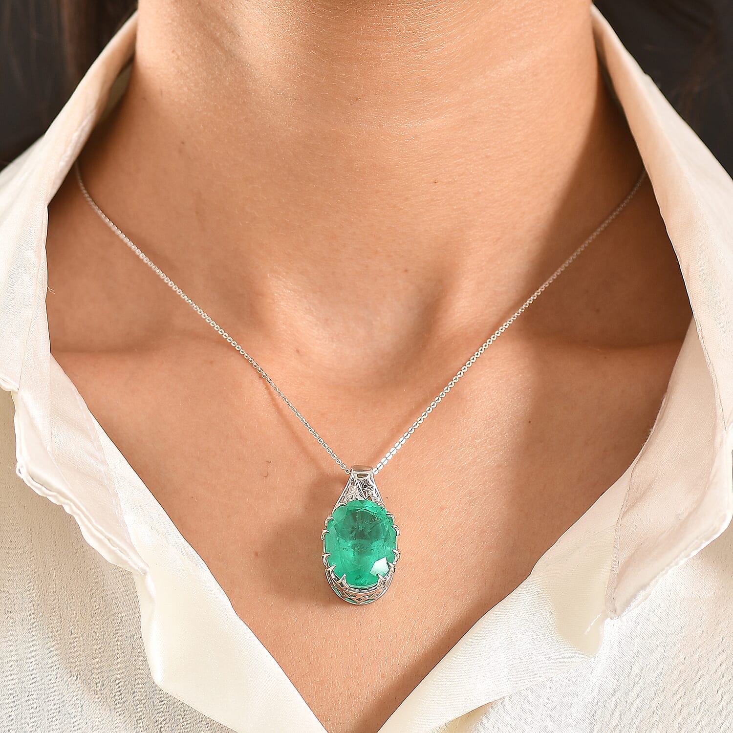 D'Joy Emeraldine Triplet Quartz &amp; White Zircon Drop Pendant with Chain (Size 20) in Rhodium Overlay Sterling Silver 19.85 Ct. V32514664 2
