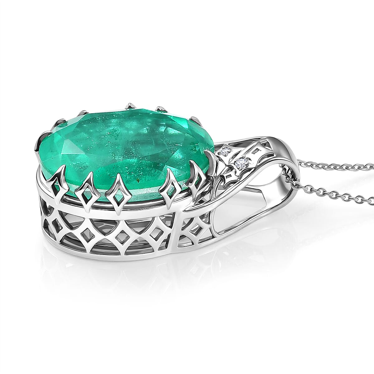 D'Joy Emeraldine Triplet Quartz &amp; White Zircon Drop Pendant with Chain (Size 20) in Rhodium Overlay Sterling Silver 19.85 Ct. V32514664 4