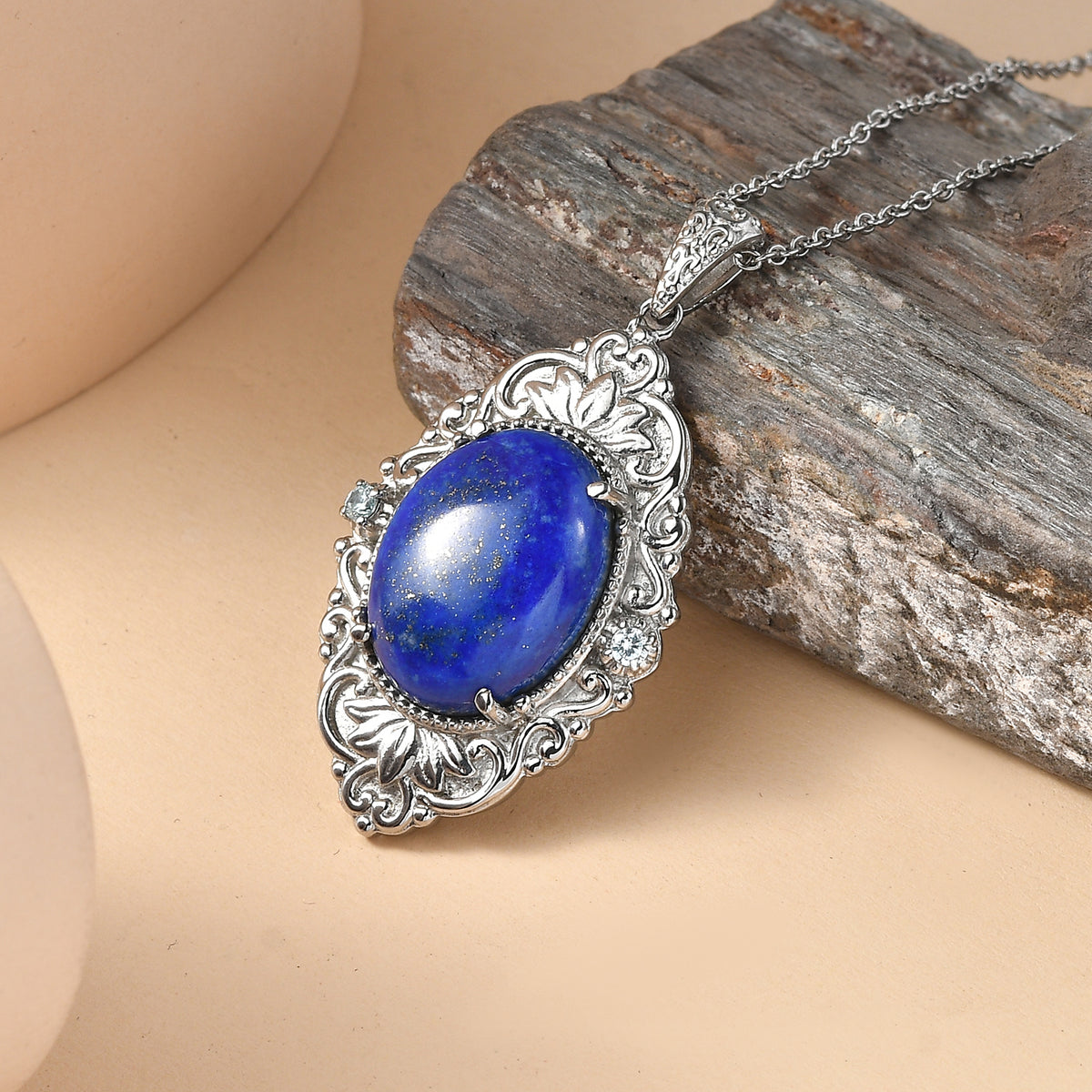 EverTrue - Lapis Lazuli &amp; Blue Cubic Zirconia Pendant with Chain (Size 20) 17.50 Ct. V32513279 3