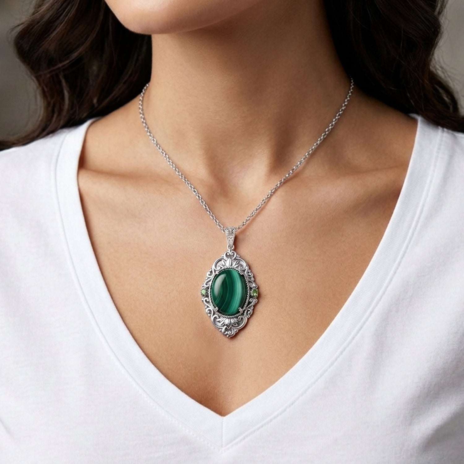 EverTrue - Malachite &amp; Green Cubic Zirconia Pendant with Chain (Size 20) 18.20 Ct. V32491316 2