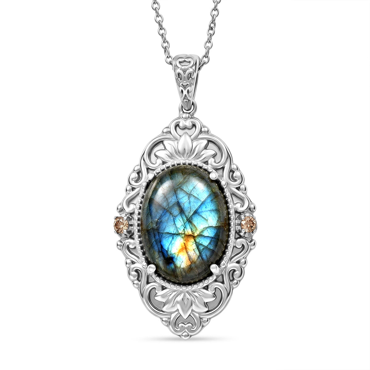 EverTrue - Labradorite &amp; Champagne Cubic Zirconia Pendant with Chain (Size 20) 18.37 Ct. V32513777 0