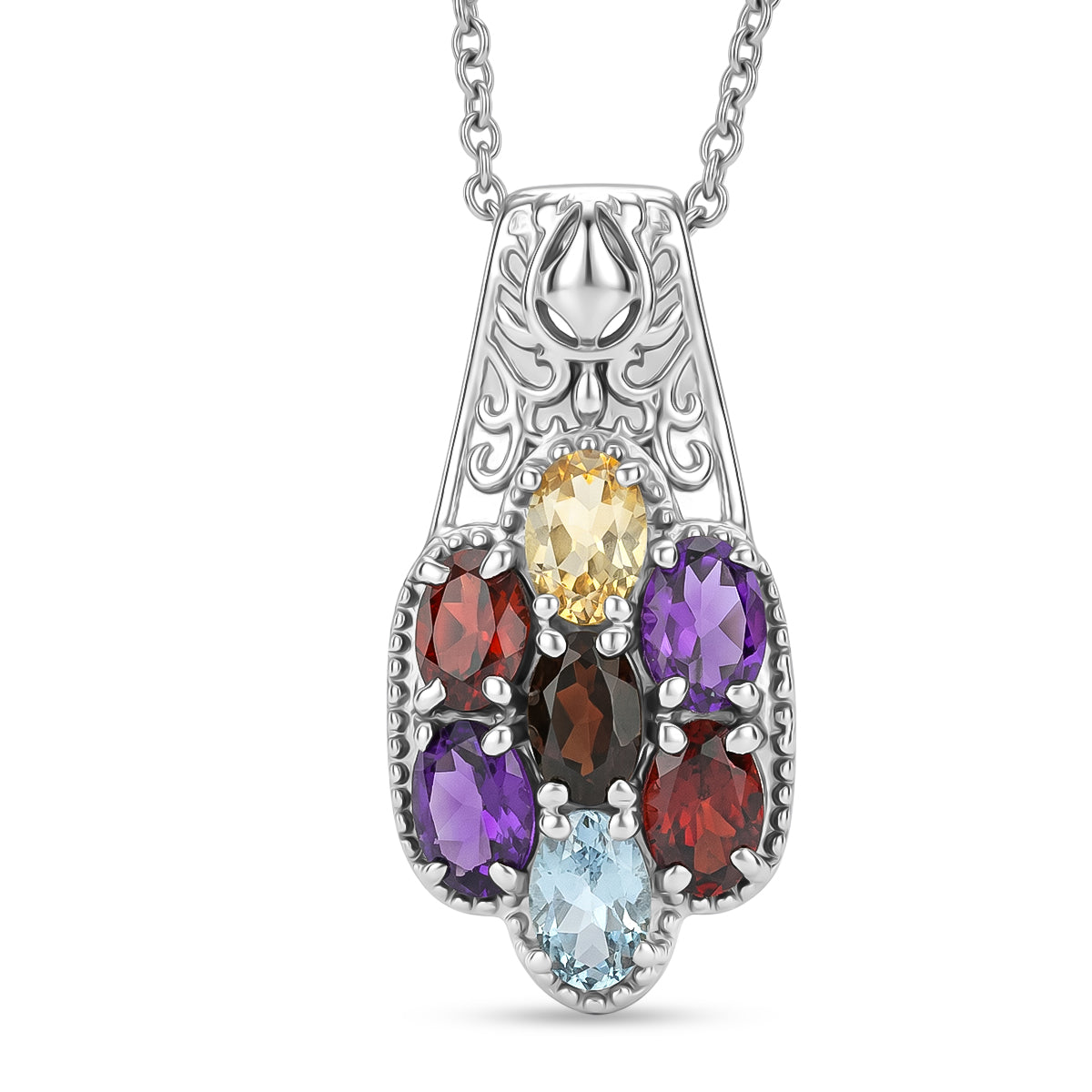 EverTrue - Skyblue Topaz, Smoky Quartz, Citrine, African Amethyst &amp; Red Garnet Cluster Pendant with Chain (Size 20) 3.22 Ct V32533902 0
