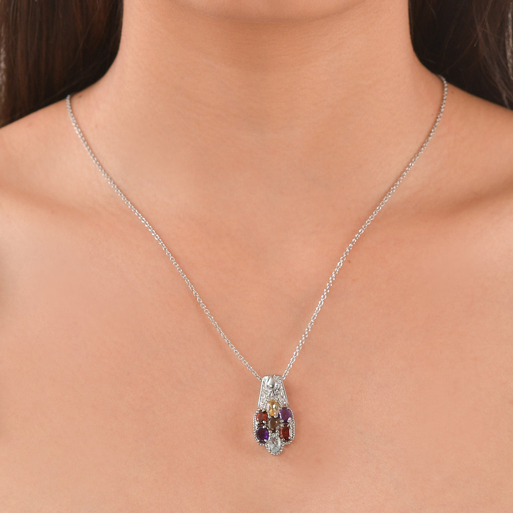 EverTrue - Skyblue Topaz, Smoky Quartz, Citrine, African Amethyst & Red Garnet Cluster Pendant with Chain (Size 20) 3.22 Ct_4460683_1
