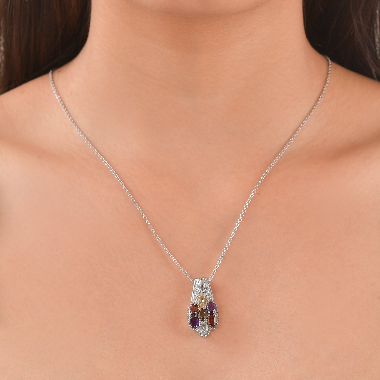 EverTrue - Skyblue Topaz, Smoky Quartz, Citrine, African Amethyst &amp; Red Garnet Cluster Pendant with Chain (Size 20) 3.22 Ct V32533902 2