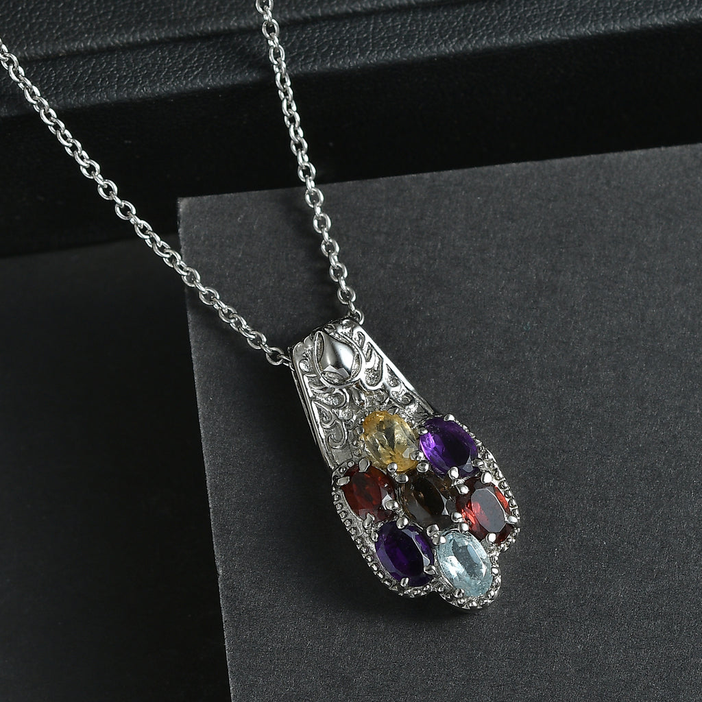 EverTrue - Skyblue Topaz, Smoky Quartz, Citrine, African Amethyst & Red Garnet Cluster Pendant with Chain (Size 20) 3.22 Ct_4460683_2