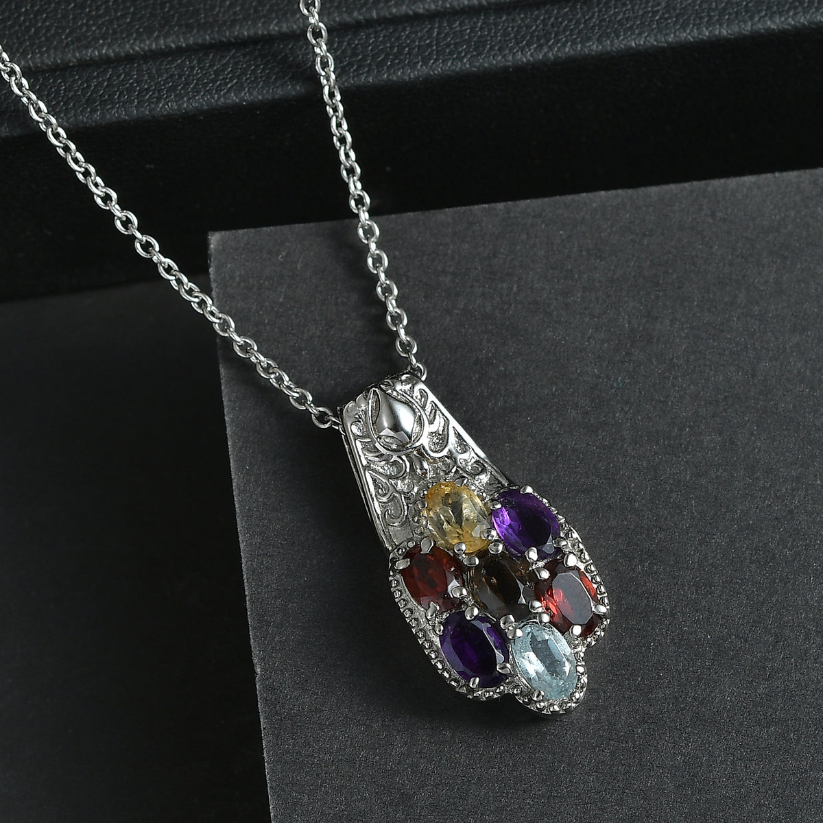 EverTrue - Skyblue Topaz, Smoky Quartz, Citrine, African Amethyst &amp; Red Garnet Cluster Pendant with Chain (Size 20) 3.22 Ct V32533902 3