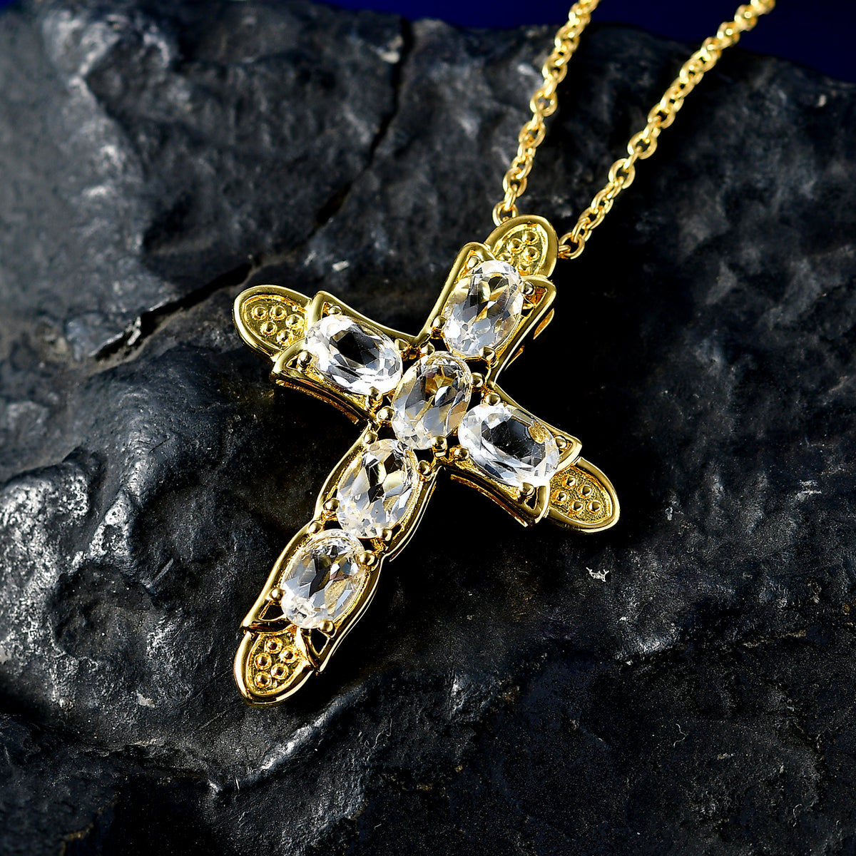 Natural Golconda Diamond Topaz Cross Pendant with Chain (Size 20) in Yellow Gold Plating 3.66 Ct. V32635891 3