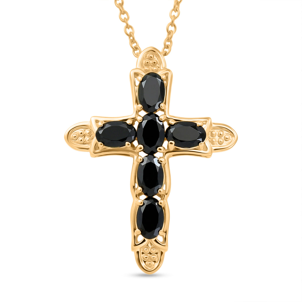 Natural Black Spinel Cross Pendant with Chain (Size 20) in Yellow Gold Plating 3.66 Ct._4460686