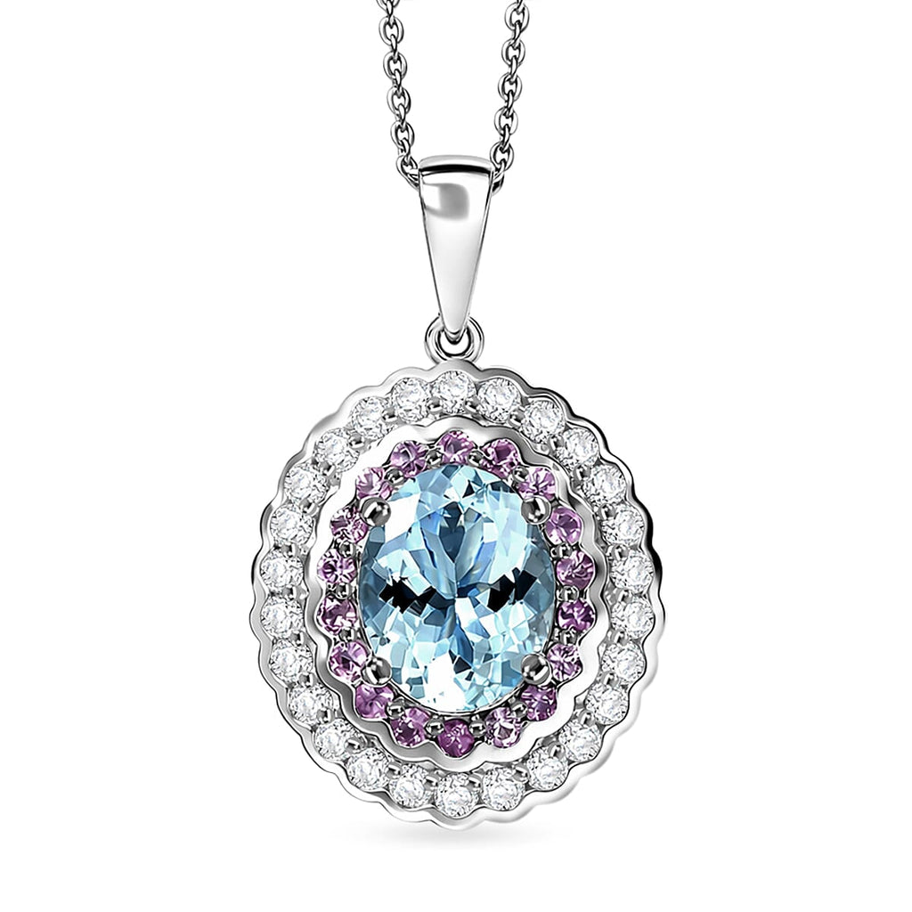 Aquamarine,  Pink Sapphire,  Moissanite Pendant with Torn Chain 19DC (Size 20) in Rhodium Overlay Sterling Silver 1.32 ct  3.820  Ct._4461484