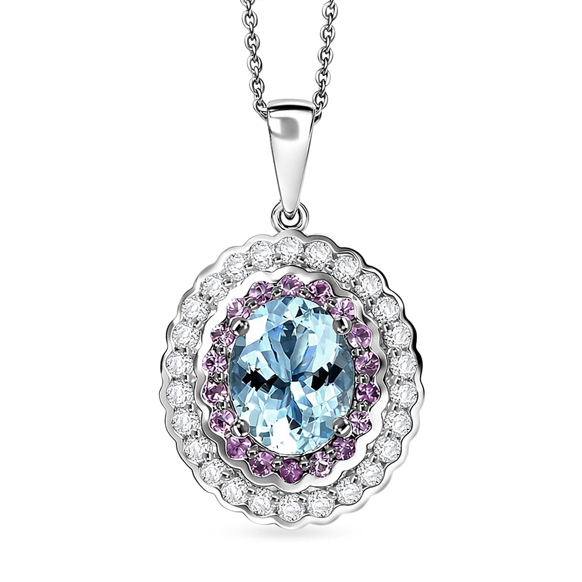 Certified and Appraised Aquamarine,  Pink Sapphire,  Moissanite Pendant with Torn Chain 19DC (Size 20) in Rhodium Overlay Sterling Silver 1.32 ct  3.820  Ct. 4461484 0