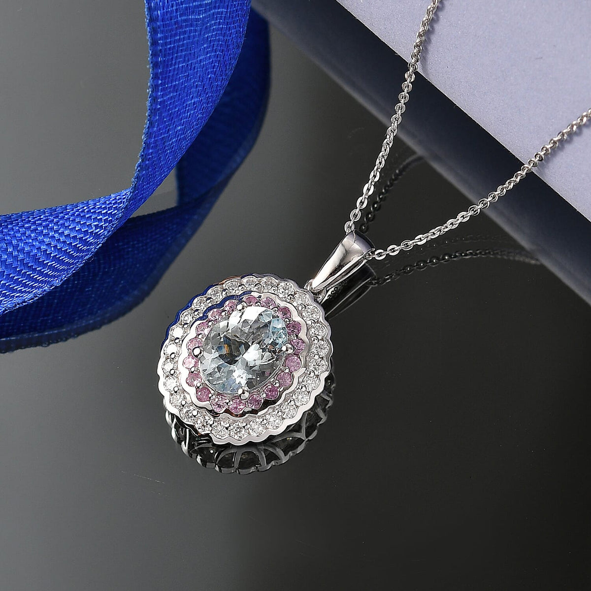 Certified and Appraised Aquamarine,  Pink Sapphire,  Moissanite Pendant with Torn Chain 19DC (Size 20) in Rhodium Overlay Sterling Silver 1.32 ct  3.820  Ct. 4461484 1