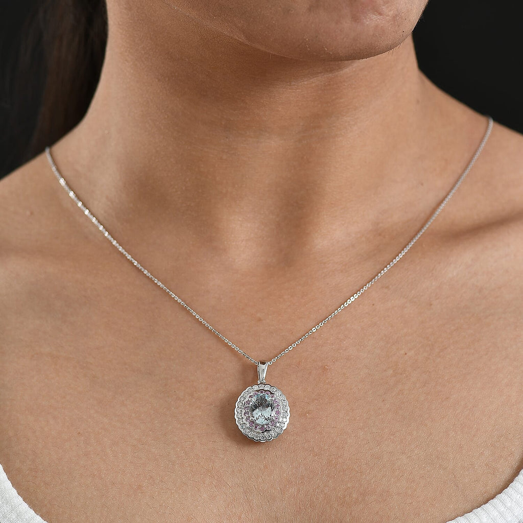 Aquamarine,  Pink Sapphire,  Moissanite Pendant with Torn Chain 19DC (Size 20) in Rhodium Overlay Sterling Silver 1.32 ct  3.820  Ct._4461484_2