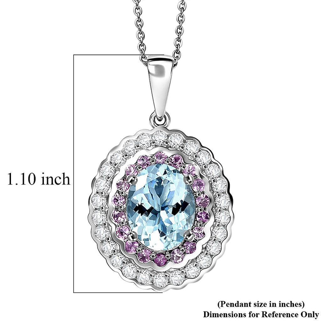 Aquamarine,  Pink Sapphire,  Moissanite Pendant with Torn Chain 19DC (Size 20) in Rhodium Overlay Sterling Silver 1.32 ct  3.820  Ct._4461484_8