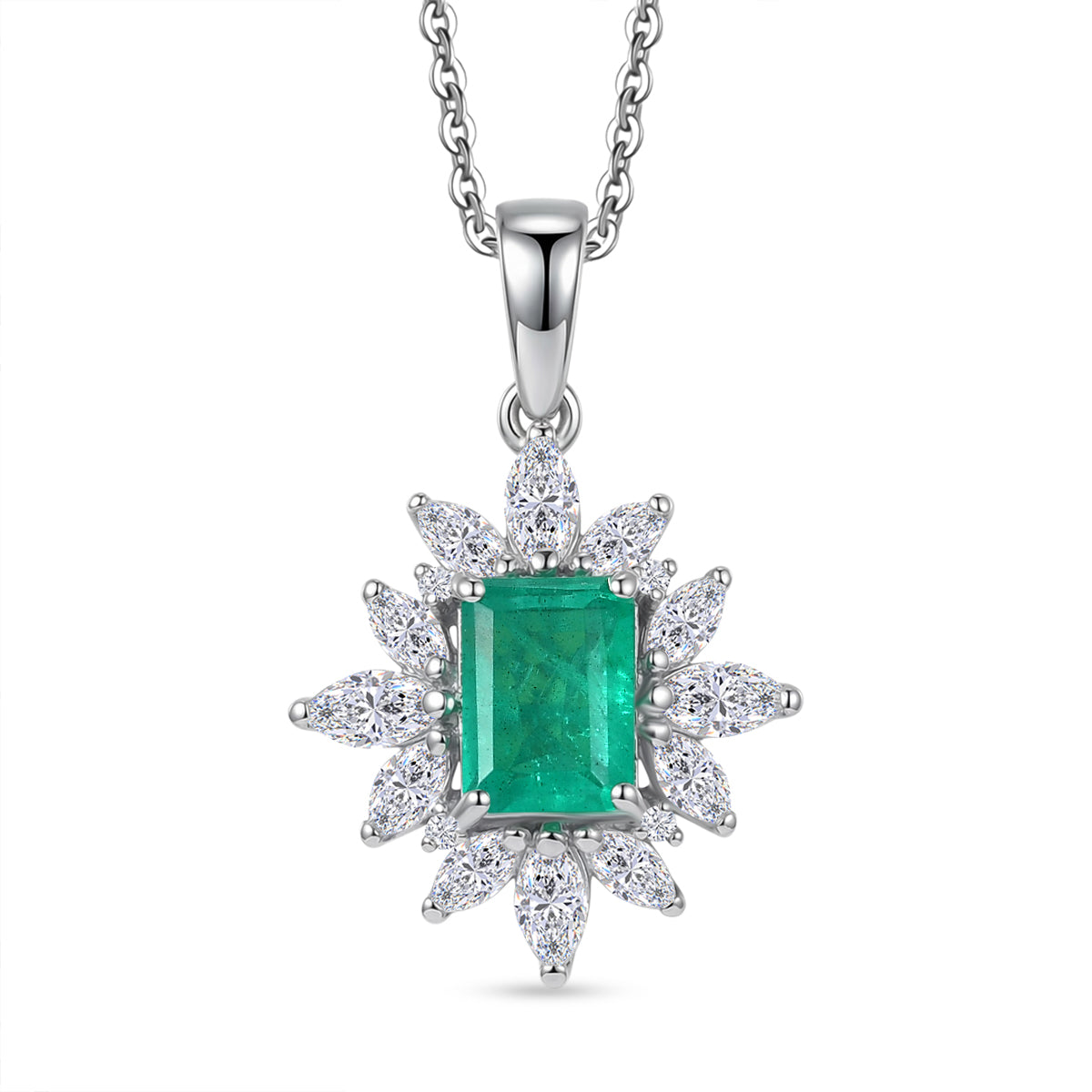 D'Joy Emeraldine Triplet Quartz &amp; White Topaz Halo Pendant with Chain (Size 20) in Rhodium Overlay Sterling Silver 3.38 Ct V32520023 0