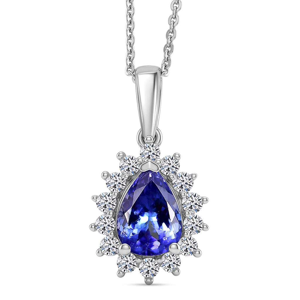 Tanzanite & SI-G/H Lab Grown Diamond Pear Cut Halo Pendant with Chain (Size 20) in Rhodium Overlay Sterling Silver 1.54 Ct._4462452