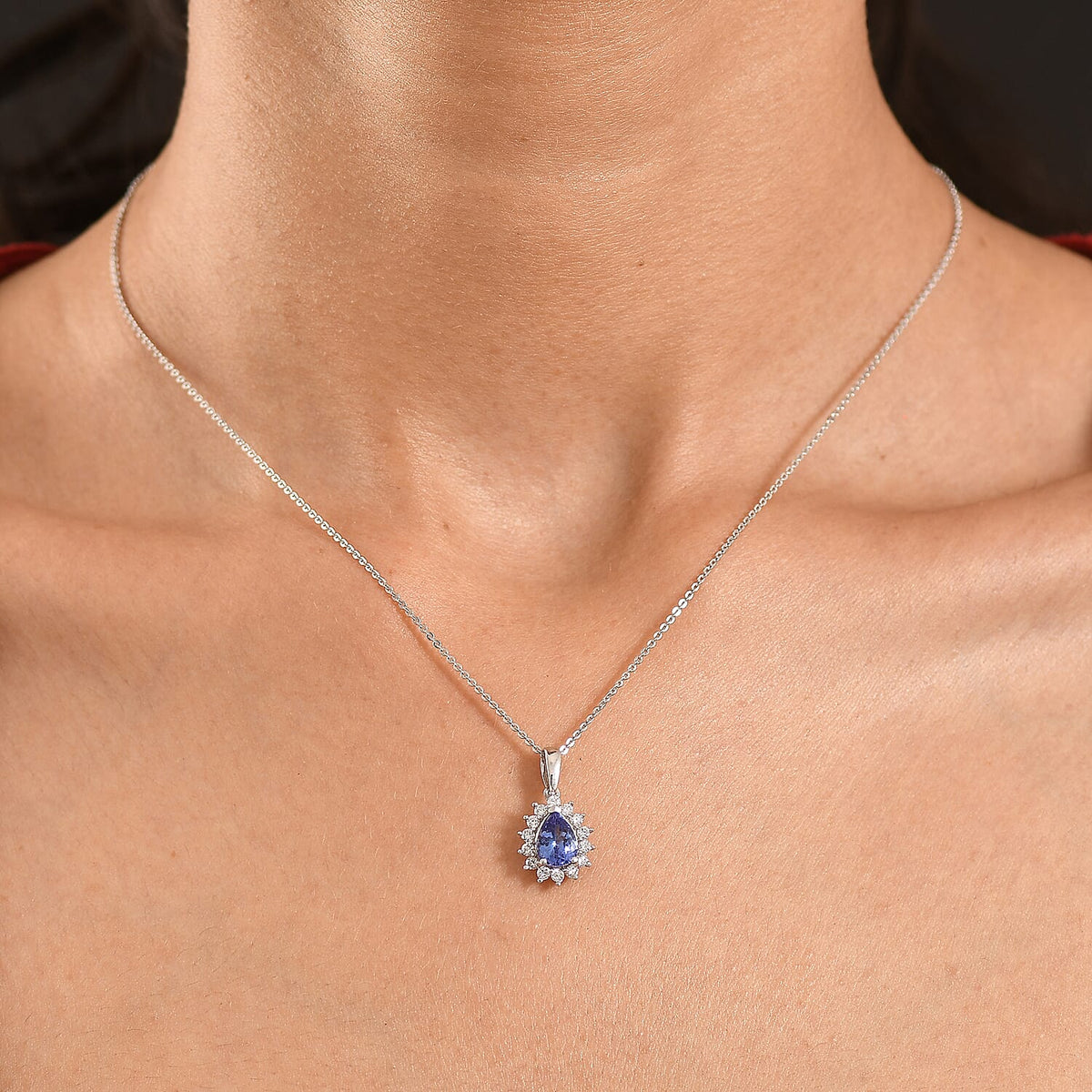LUXURIANT Tanzanite, Lab Grown Diamond Pear Cut Halo Pendant with Chain (Size 20) in Rhodium Overlay Sterling Silver 1.54 Ct. (SI-G-H) V32525761 2
