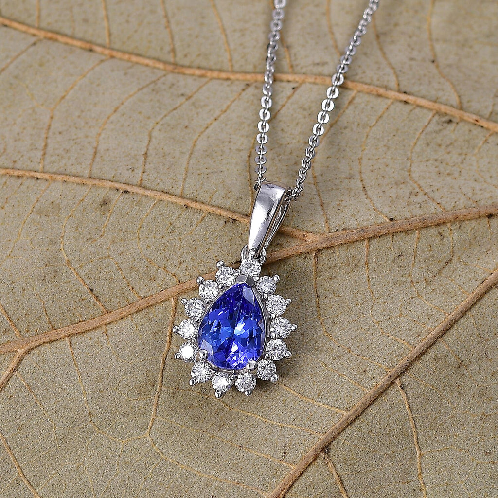 Tanzanite & SI-G/H Lab Grown Diamond Pear Cut Halo Pendant with Chain (Size 20) in Rhodium Overlay Sterling Silver 1.54 Ct._4462452_2