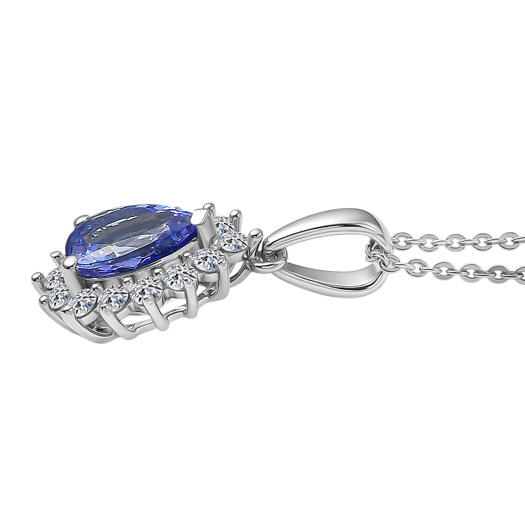 Tanzanite & SI-G/H Lab Grown Diamond Pear Cut Halo Pendant with Chain (Size 20) in Rhodium Overlay Sterling Silver 1.54 Ct._4462452_3