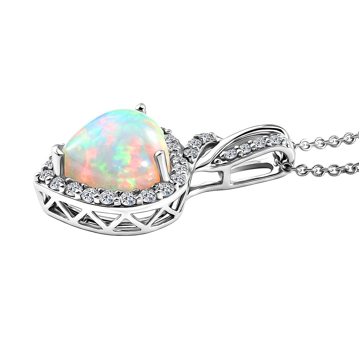 Certified and Appraised  Ethiopian Opal,  Lab Grown Diamond Pendant with Chain (Size 20) in 10K White Gold,  Gold Wt. 3.55 Gms  2.770  Ct. 4462467 3