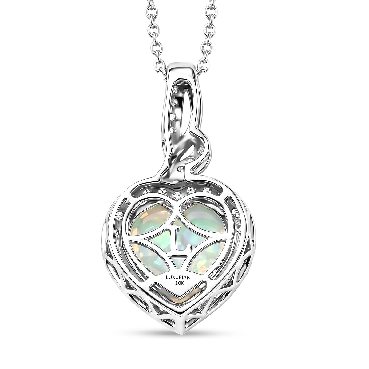 Certified and Appraised  Ethiopian Opal,  Lab Grown Diamond Pendant with Chain (Size 20) in 10K White Gold,  Gold Wt. 3.55 Gms  2.770  Ct. 4462467 4