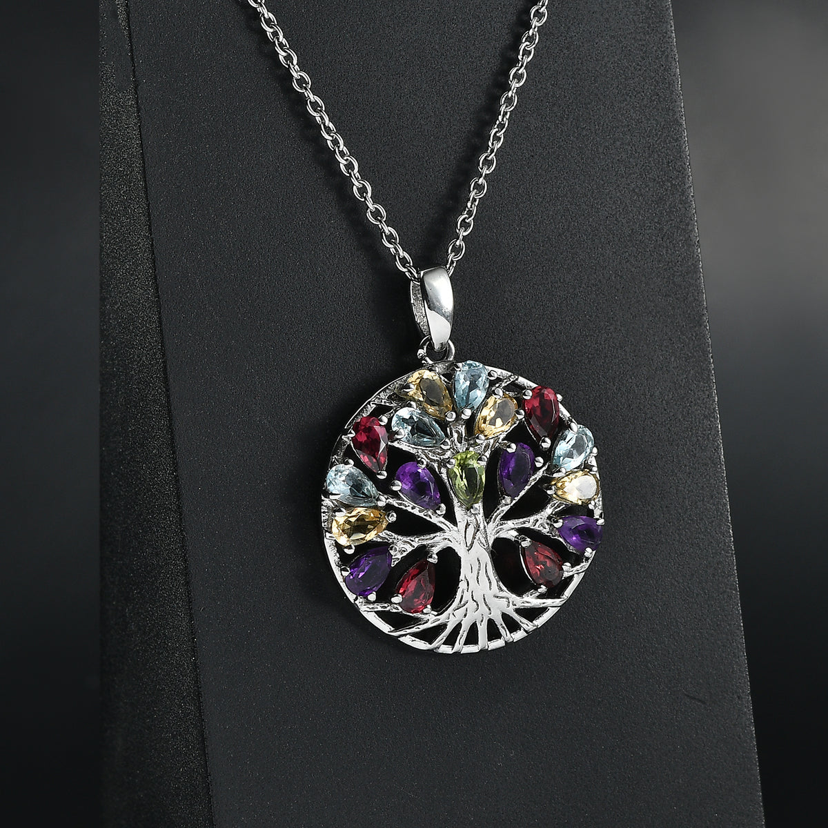 EverTrue - Orissa Rose Garnet &amp; Multi Gemstone Tree of Life Pendant with Chain (Size 20) 4.00 Ct. V32520554 2