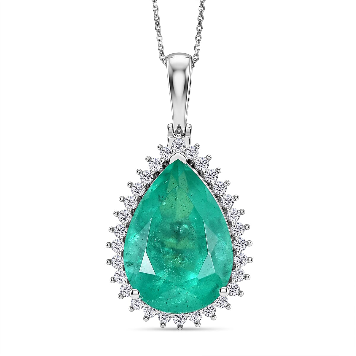 D'Joy Emeraldine Triplet Quartz &amp; White Zircon Halo Pendant with Chain (Size 20) in Rhodium Overlay Sterling Silver 21.65 Ct V32532733 0