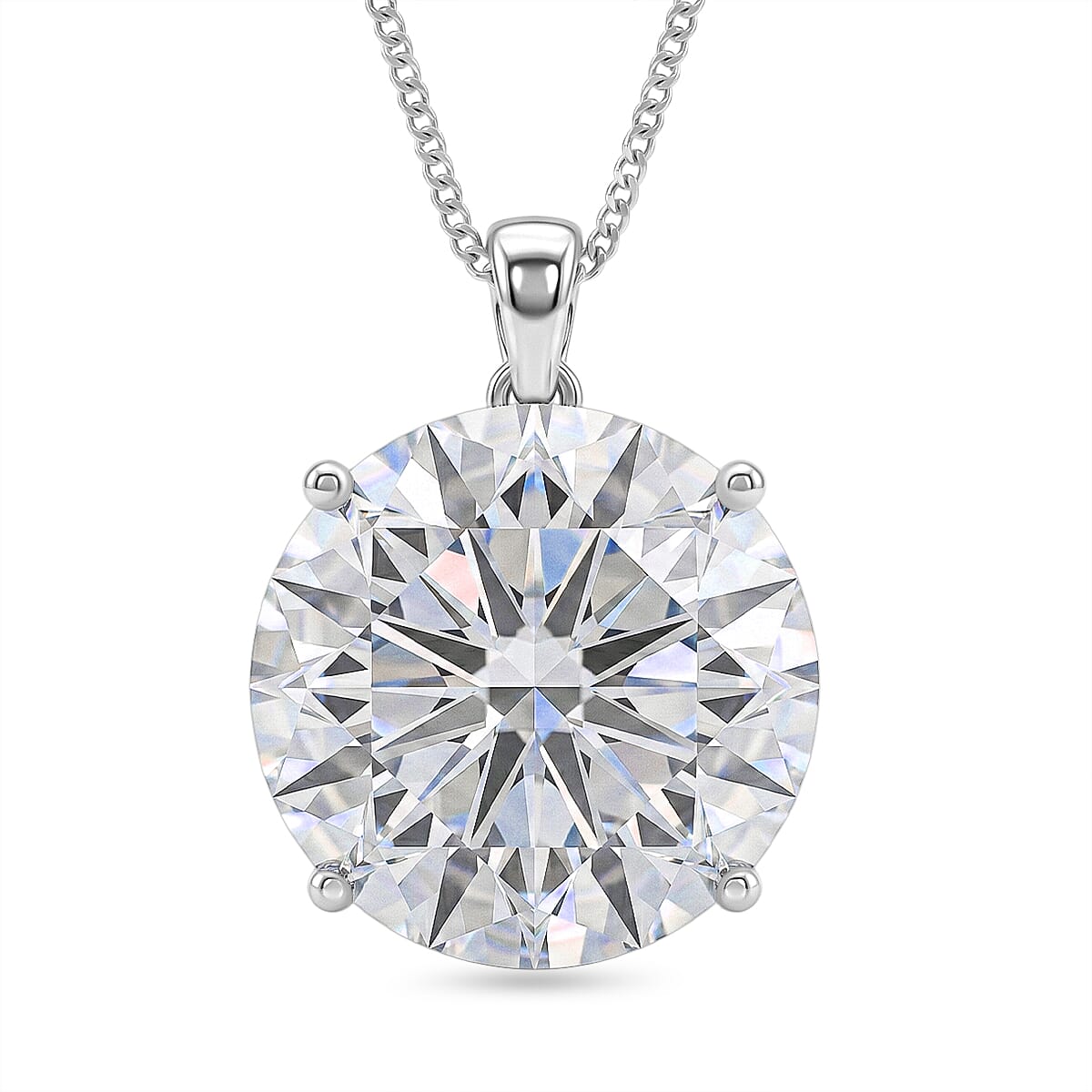 BIGGEST MOISSANITE AT TJC - Moissanite Solitaire Pendant with Chain (Size 18) in Rhodium Overlay Sterling Silver 30.00 Ct. V32512796 0