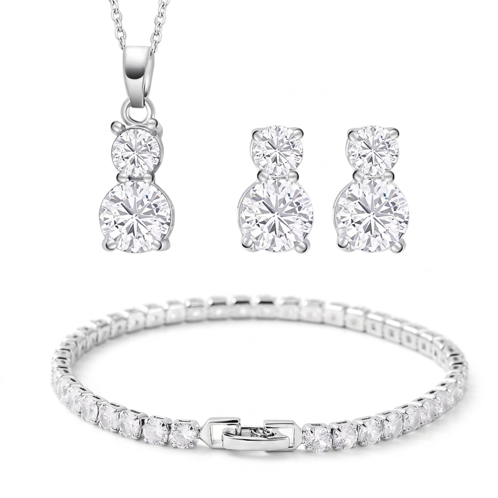 Set of 3 - White Cubic Zirconia Bracelet (Size - 7.5), Push Back Earring & Pendant with Chain (Size 20+2 Ext)_4464066