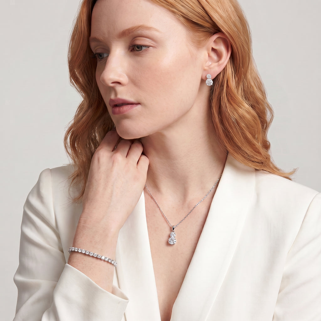 Set of 3 - White Cubic Zirconia Bracelet (Size - 7.5), Push Back Earring & Pendant with Chain (Size 20+2 Ext)_4464066_6