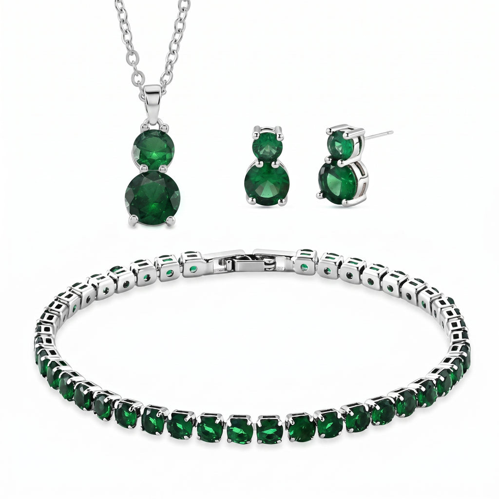 Set of 3 - Green CZ Tennis Bracelet (Size - 7.5), Push Back Earring & Pendant with Chain (Size 20+2 Ext)_4464075