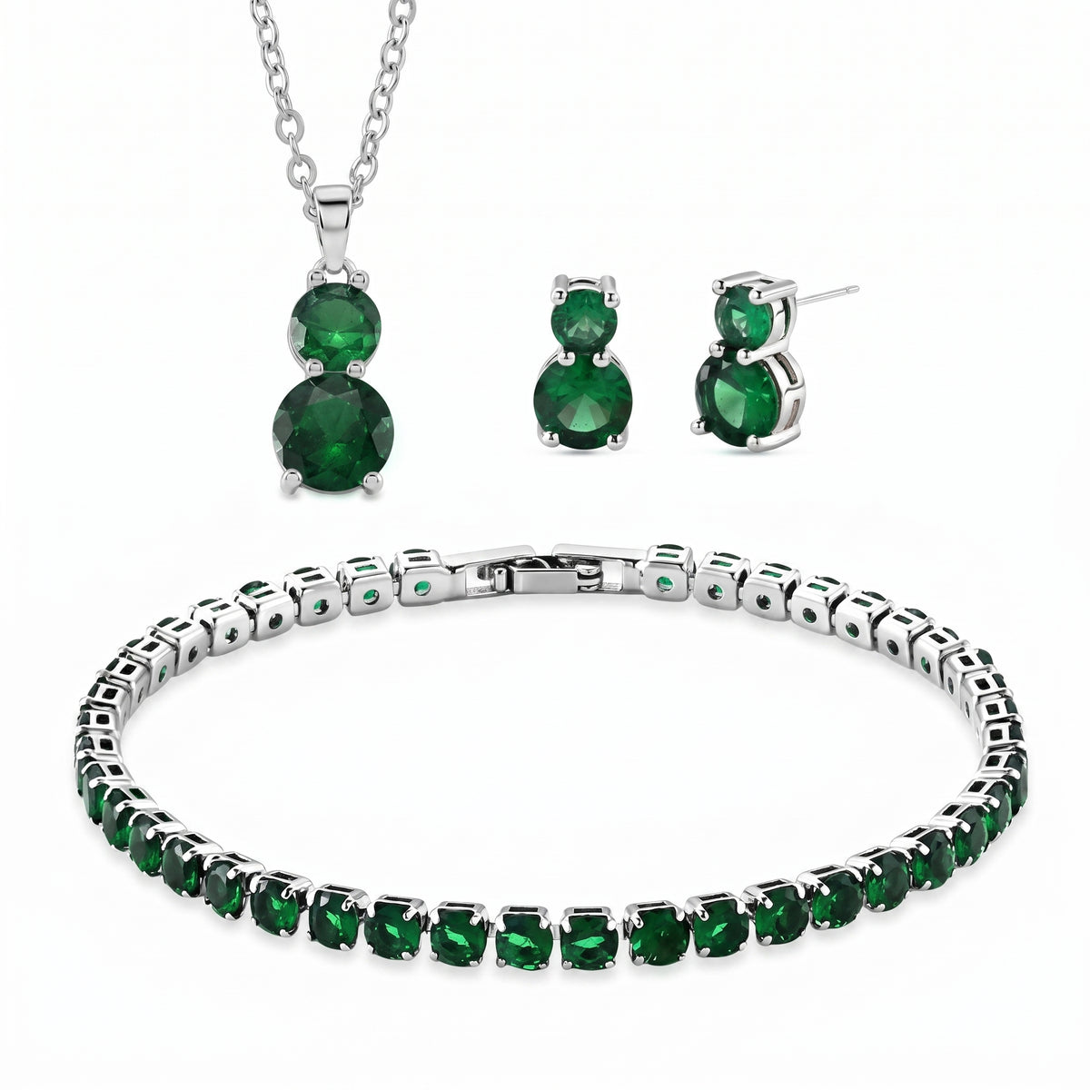 Set of 3 - Green CZ Tennis Bracelet (Size - 7.5), Push Back Earring &amp; Pendant with Chain (Size 20+2 Ext) V32516823 0
