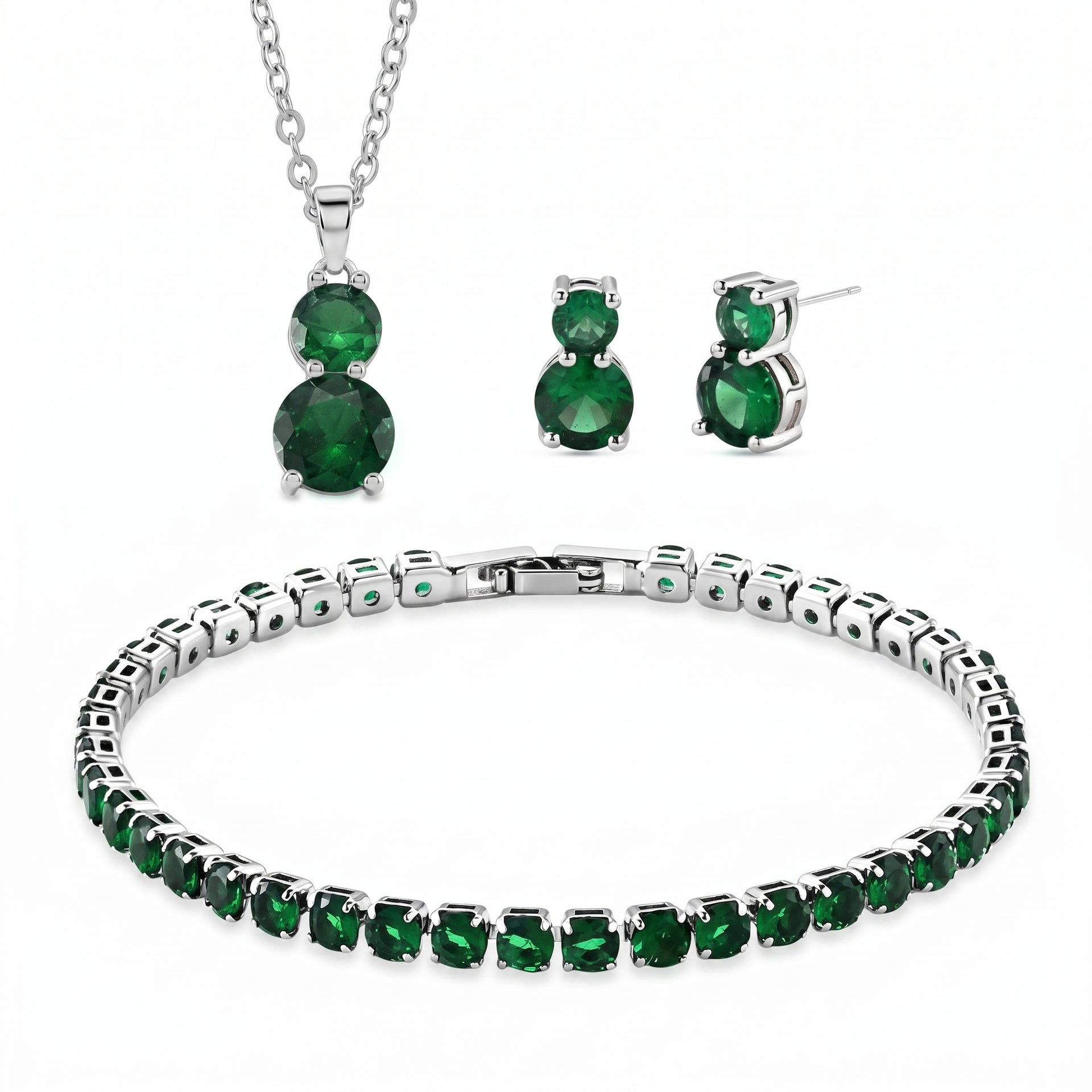 Set of 3 - Green CZ Tennis Bracelet (Size - 7.5), Push Back Earring &amp; Pendant with Chain (Size 20+2 Ext) V32516823 0
