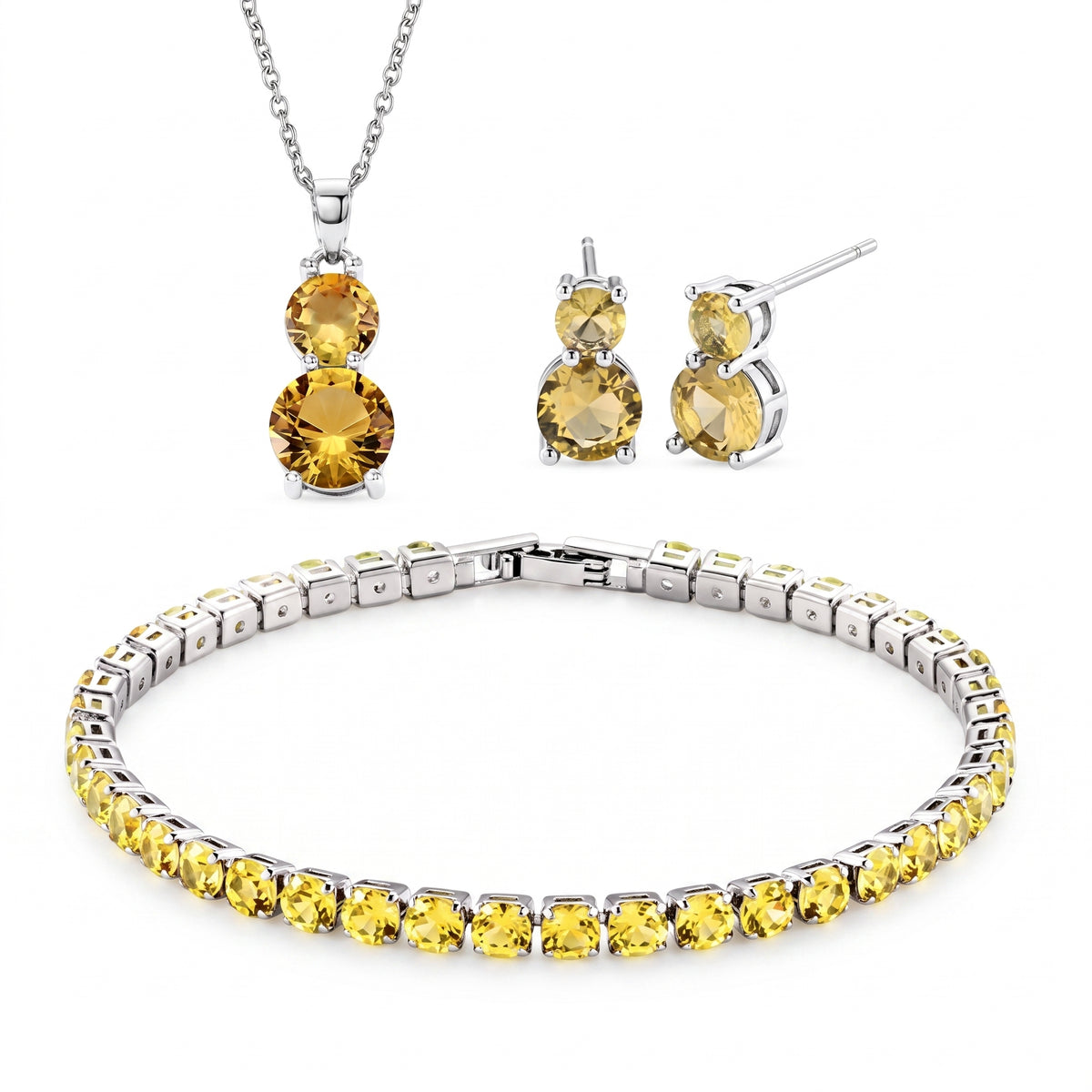 Set of 3 - Yellow CZ Tennis Bracelet (Size - 7.5), Push Back Earring &amp; Pendant with Chain (Size 20+2 Ext) 17.60 Ct. V32515637 0
