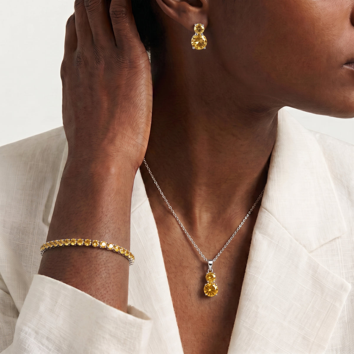 Set of 3 - Yellow CZ Tennis Bracelet (Size - 7.5), Push Back Earring &amp; Pendant with Chain (Size 20+2 Ext) 17.60 Ct. V32515637 3