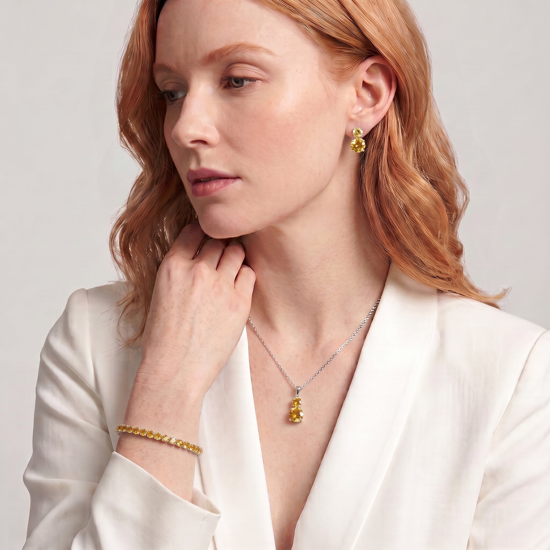 Set of 3 - Yellow CZ Tennis Bracelet (Size - 7.5), Push Back Earring &amp; Pendant with Chain (Size 20+2 Ext) 17.60 Ct. V32515637 7