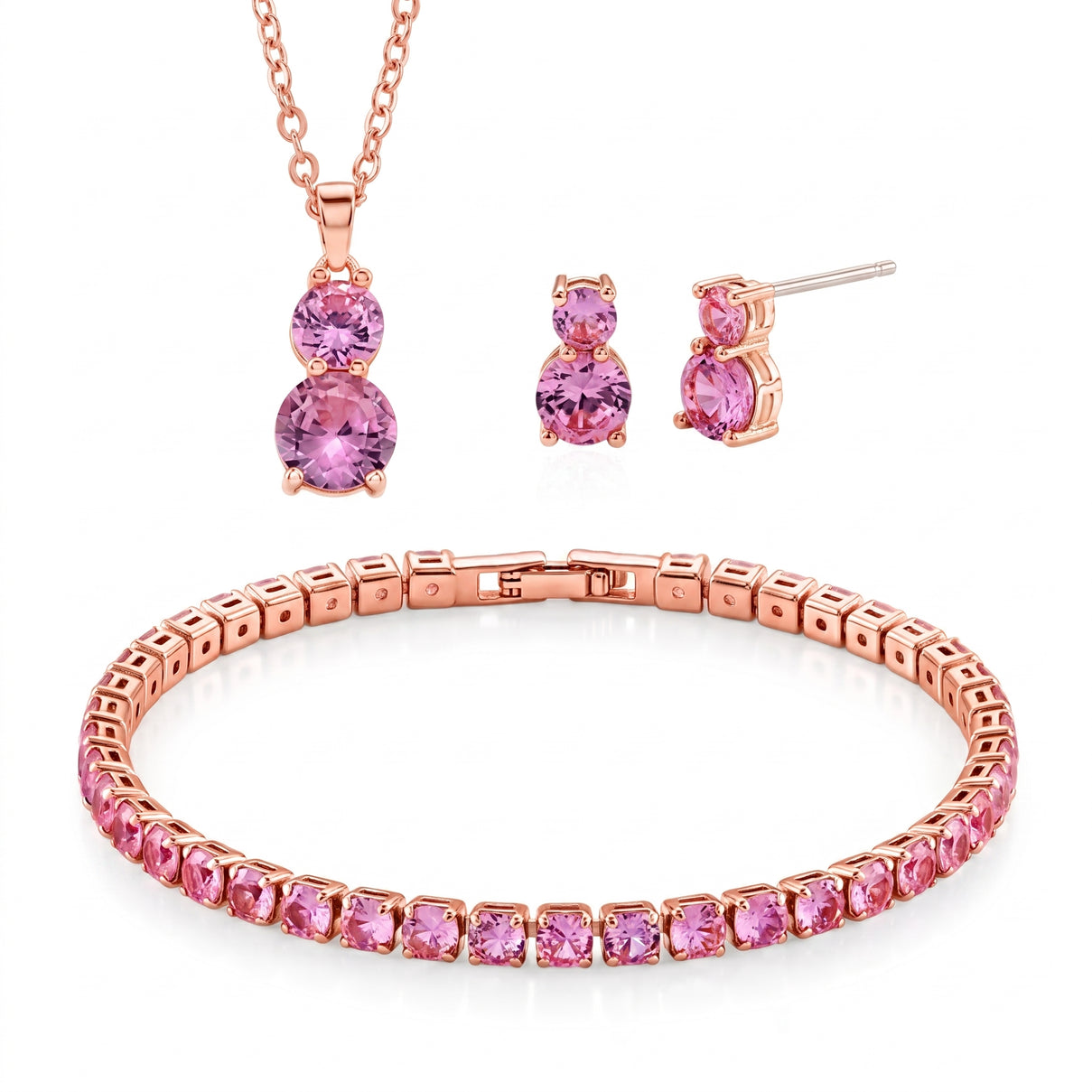 Set of 3 - Pink CZ Bracelet (Size - 7.5), Push Back Earring &amp; Pendant with Chain (Size 20+2 Ext) 17.60 Ct. V32526599 0
