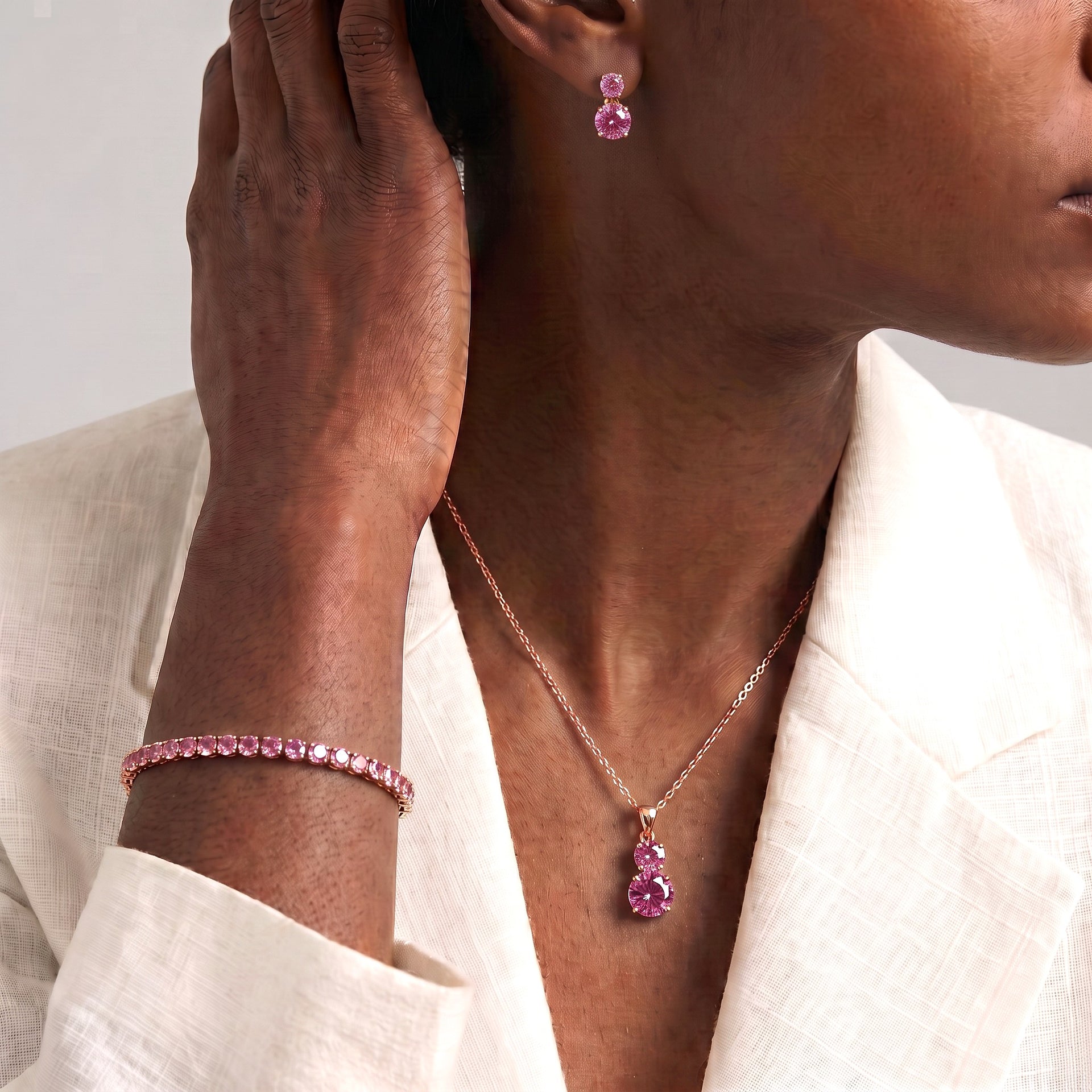 Set of 3 - Pink CZ Bracelet (Size - 7.5), Push Back Earring &amp; Pendant with Chain (Size 20+2 Ext) 17.60 Ct. V32526599 3
