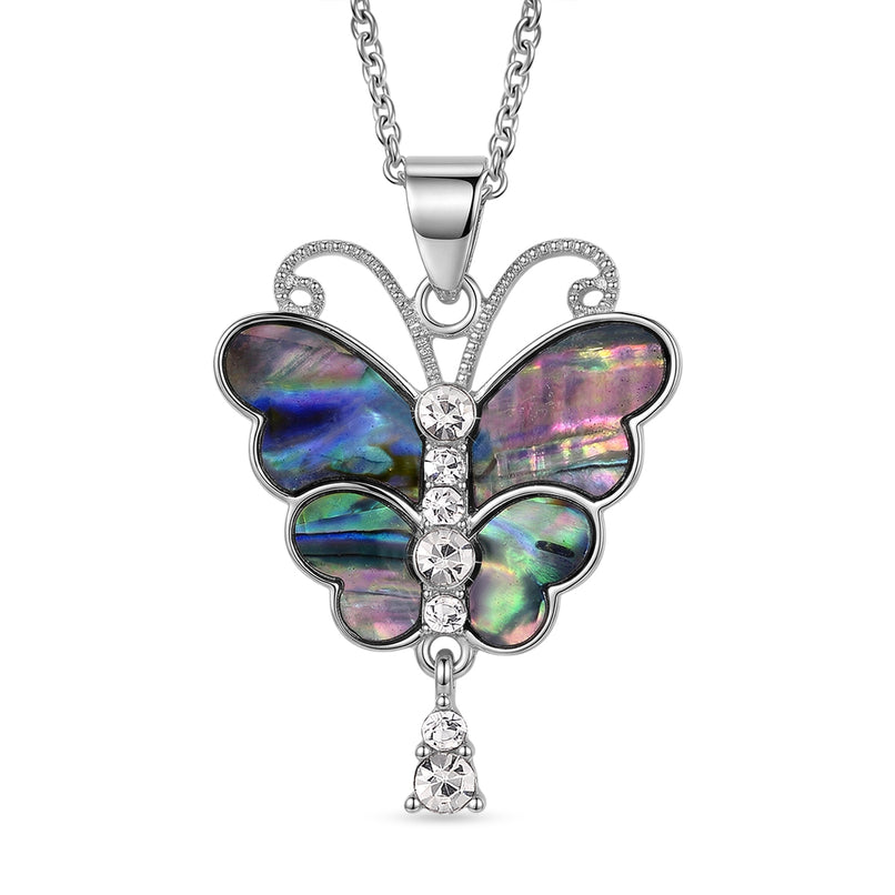 Abalone Shell & White Cubic Zirconia Butterfly Pendant with Chain (Size 24+2 Ext) 8.00 Ct._4464086