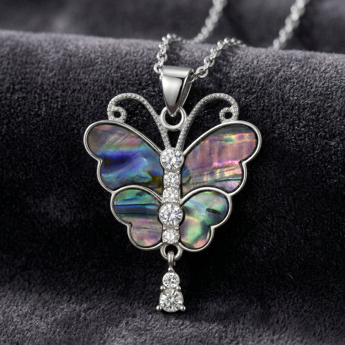 Abalone Shell &amp; White Cubic Zirconia Butterfly Pendant with Chain (Size 24+2 Ext) 8.00 Ct. V32753370 3